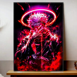 tableau Sukuna manga grand format montrant personnage sombre au visage partiellement caché auréole rouge et effets néon