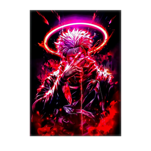 tableau Sukuna manga illustration personnage aux cheveux blancs main couvrant le visage halo lumineux rouge et violet