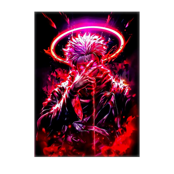 tableau Sukuna manga illustration personnage aux cheveux blancs main couvrant le visage halo lumineux rouge et violet