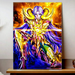 tableau manga Bélier Les Bois d Aurore poster personnage en armure doree cheveux violets energie cosmique