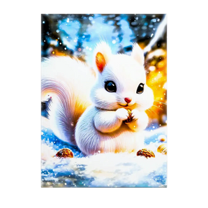 tableau écureuil blanc représentant un écureuil blanc mignon dans la neige tenant une noisette et lumière chaude