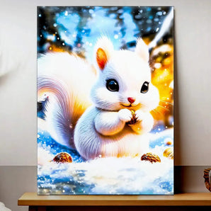 tableau écureuil blanc Les Bois d Aurore illustration lumineuse d un ecureuil dans la neige pour deco murale