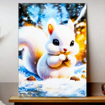 tableau écureuil blanc Les Bois d Aurore illustration lumineuse d un ecureuil dans la neige pour deco murale