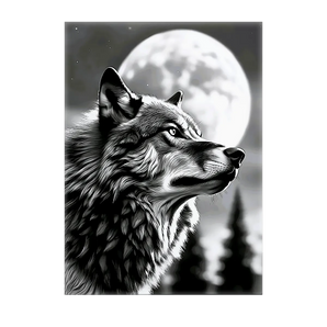tableau loup monochrome Les Bois d'Aurore portrait de loup au regard perçant devant une lune pleine