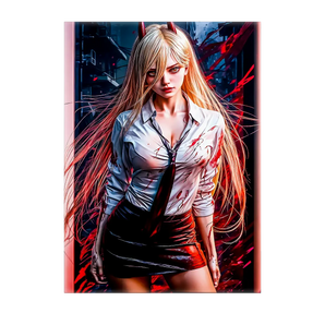tableau manga femme puissante Les Bois d Aurore heroine blonde en chemise blanche taches de sang jupe cuir