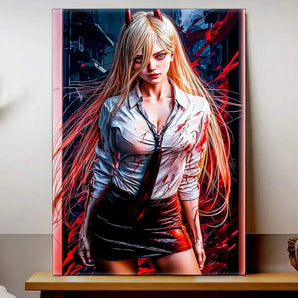 tableau manga femme puissante avec guerrière blonde regard intense chemise blanche tachée de sang