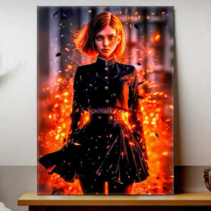 tableau manga Nobara représentant une jeune femme en uniforme scolaire noir debout parmi des flammes et des braises
