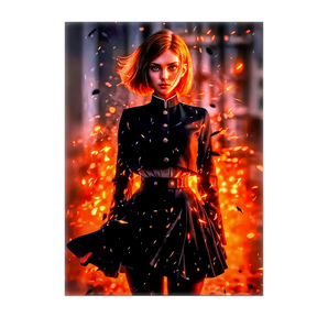 tableau manga Nobara portrait d'une héroïne en uniforme noir, cheveux courts, flammes et étincelles