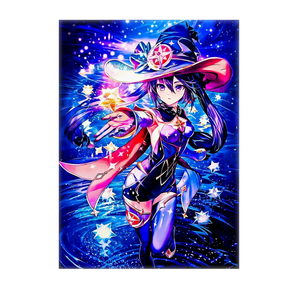tableau manga sorcière Les Bois d Aurore montrant une magicienne animée en chapeau et cape dans un univers étoilé bleu et rose
