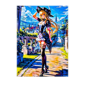 tableau manga sorcière magicienne blonde en chapeau noir sur rue pavée colorée avec village et montagnes