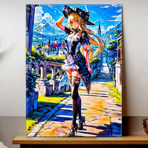 tableau manga sorcière Les Bois dAurore montrant une sorcière manga blonde dans une rue de village en paysage lumineux