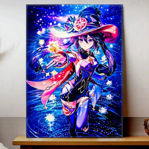 tableau manga sorcière illustration colorée d une sorcière en chapeau étoilé sur fond cosmique brillant