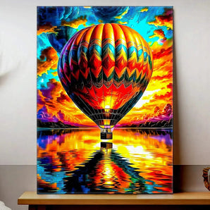 tableau montgolfière décoration murale Les Bois d Aurore peinture colorée ballon chaud reflet sur eau pour salon