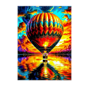 tableau montgolfière décoration murale ballon montgolfière coloré au dessus d un lac reflet au coucher de soleil