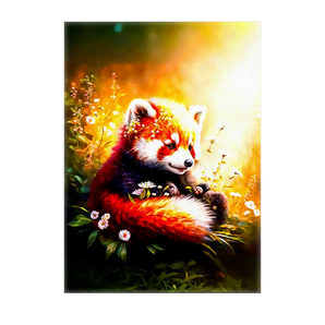 Tableau panda roux Les Bois d'Aurore peinture chaleureuse d'un panda roux lové parmi fleurs et lumière dorée