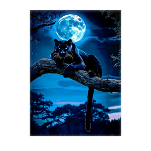 tableau panthère noire représentant une panthère noire allongée sur une branche sous une pleine lune bleue