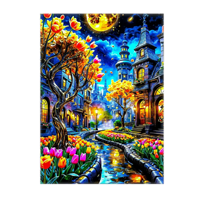 tableau rue fleurie par Les Bois d Aurore peinture nocturne colorée d une rue pavée bordée de tulipes et reflets