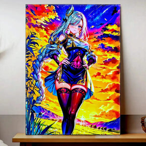 tableau Shenhe Les Bois dAurore personnage anime Shenhe aux cheveux longs tresses robe bleue paysage de coucher de soleil