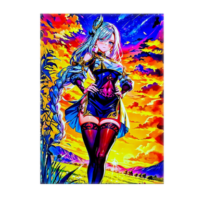 tableau Shenhe affiche anime personnage féminin en tenue bleue avec longue tresse et ciel couchant vibrant