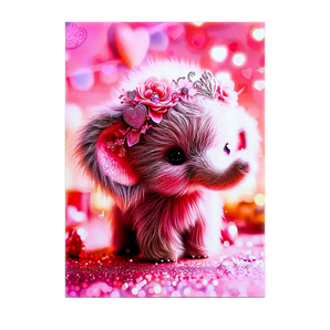 tableau éléphant rose pelucheux avec couronne de fleurs et petit diadème fond coeur et paillettes