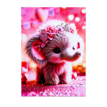 tableau éléphant rose pelucheux avec couronne de fleurs et petit diadème fond coeur et paillettes