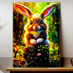 tableau lapin forêt coloré Les Bois dAurore peinture murale lapin mignon sur rocher moussu