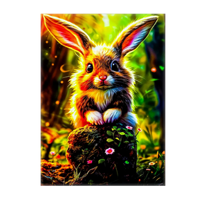 tableau lapin forêt Les Bois d Aurore peinture murale colorée d un lapin sur une souche fleurie et lumineuse