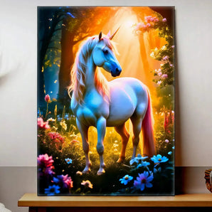 tableau licorne fantasy Les Bois d'Aurore représentant une licorne blanche dans une clairière lumineuse et fleurie