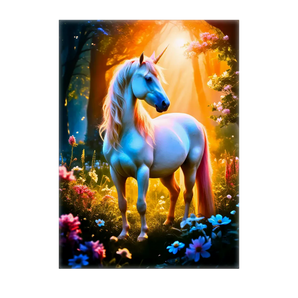tableau licorne fantasy Les Bois d Aurore montrant licorne blanche dans forêt enchantée au soleil parmi fleurs colorées