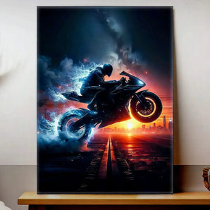 tableau moto noire décoration murale moto sportive en plein saut sur rails aux effets lumineux et coucher de soleil