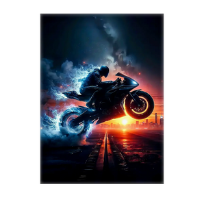 Les Bois d'Aurore tableau moto noire décoration murale pilote en saut avec effets bleus au coucher de soleil