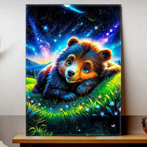 tableau ourson décoration murale Les Bois dAurore peinture colorée nuit étoilée pour chambre enfant