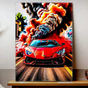 tableau voiture de sport peinture murale d'une voiture sportive rouge vue de face avec nuage de fumee colorée et effet dynamique
