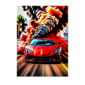 tableau voiture de sport rouge sur route urbaine avec nuages de fumee coloree style poster artistique