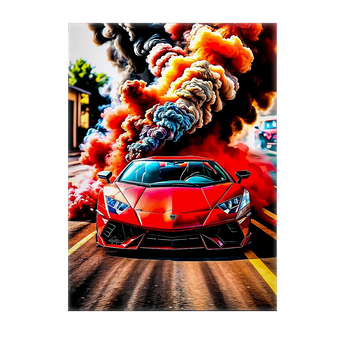 tableau voiture de sport rouge sur route urbaine avec nuages de fumee coloree style poster artistique