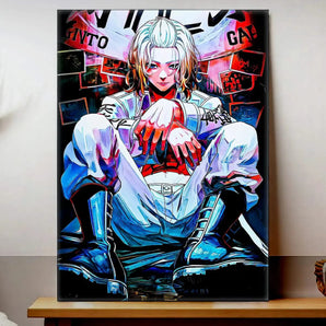 tableau manga Mikey par Les Bois d'Aurore, illustration colorée de personnage assis en bottes, déco murale