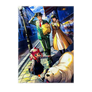 tableau Spy x Family avec Anya, Loid, Yor et le chien Bond se promenant dans une rue devant une boulangerie