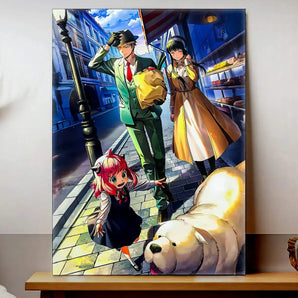 tableau Spy x Family montrant Loid en costume Yor en manteau Anya et le chien Bond dans la rue