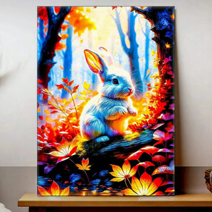 tableau lapin blanc vibrant dans une forêt colorée toile décorative lumineuse pour chambre enfant
