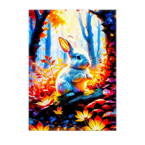 tableau lapin blanc représentant un lapin blanc lumineux dans une forêt automnale colorée décoration murale poétique pour chambre