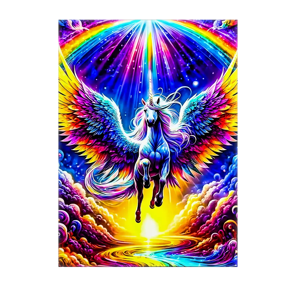 tableau licorne arc en ciel vibrant pégase ailé coloré sur ciel étoilé et nuages lumineux