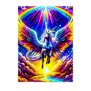 tableau licorne arc en ciel vibrant pégase ailé coloré sur ciel étoilé et nuages lumineux