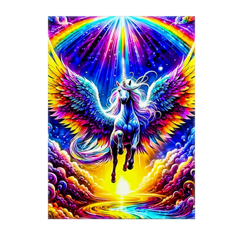 tableau licorne arc en ciel vibrant pégase ailé coloré sur ciel étoilé et nuages lumineux