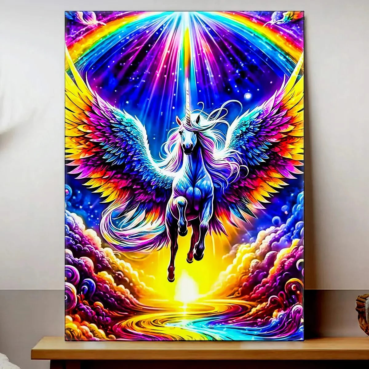 tableau licorne arc en ciel vibrant de couleurs pégase ailé lumineux sur fond céleste et reflet doré