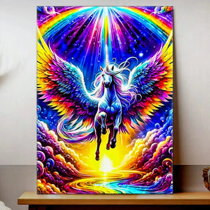 tableau licorne arc en ciel vibrant de couleurs pégase ailé lumineux sur fond céleste et reflet doré
