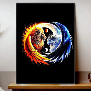tableau lion et lionne yin yang feu et glace illustration circulaire colorée sur fond noir