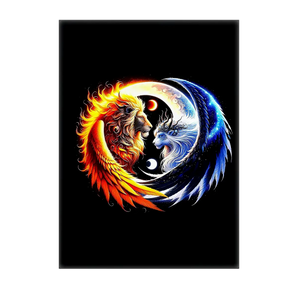 tableau lion et lionne stylisés en yin yang, contraste feu orange et glace bleue, lunes et étoiles sur fond noir