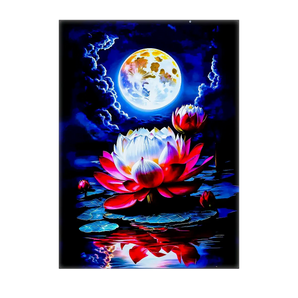tableau lotus dessin main montrant lotus rouges et blancs flottant sur l eau reflet de lune