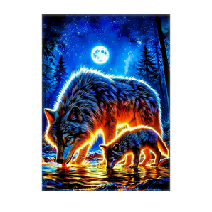 tableau loup famille peint lumineux bleu et orange montrant une louve et son louveteau buvant sous la lune