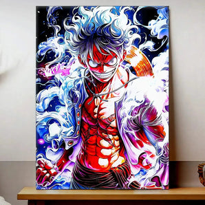 tableau Luffy Gear 5 Les Bois d Aurore illustration manga colorée pose dynamique nuages de fumée sur fond sombre